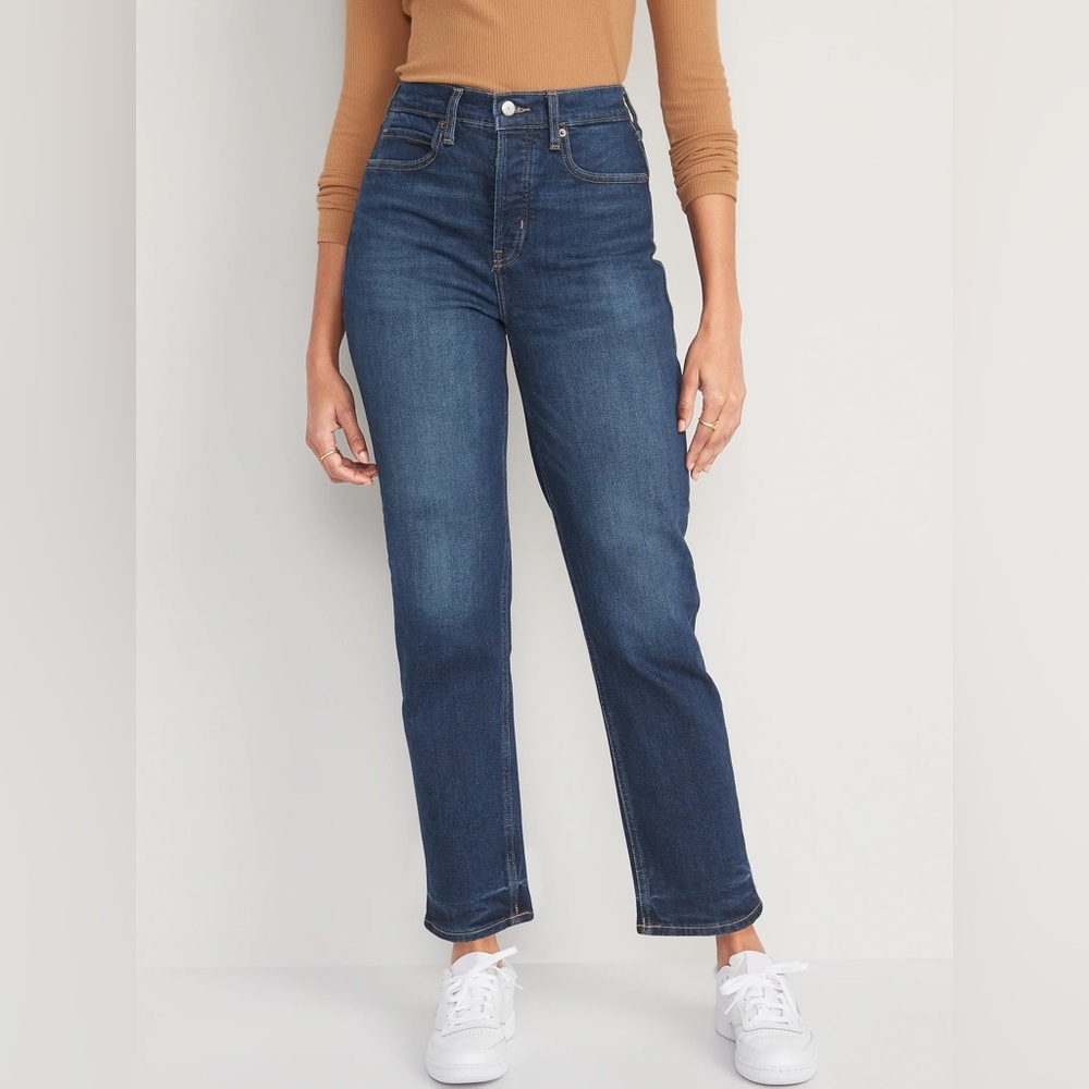Old Navy 'Sky-Hi Straight' Super High Waisted Dark Blue Wash Jeans - Size 4 Tall